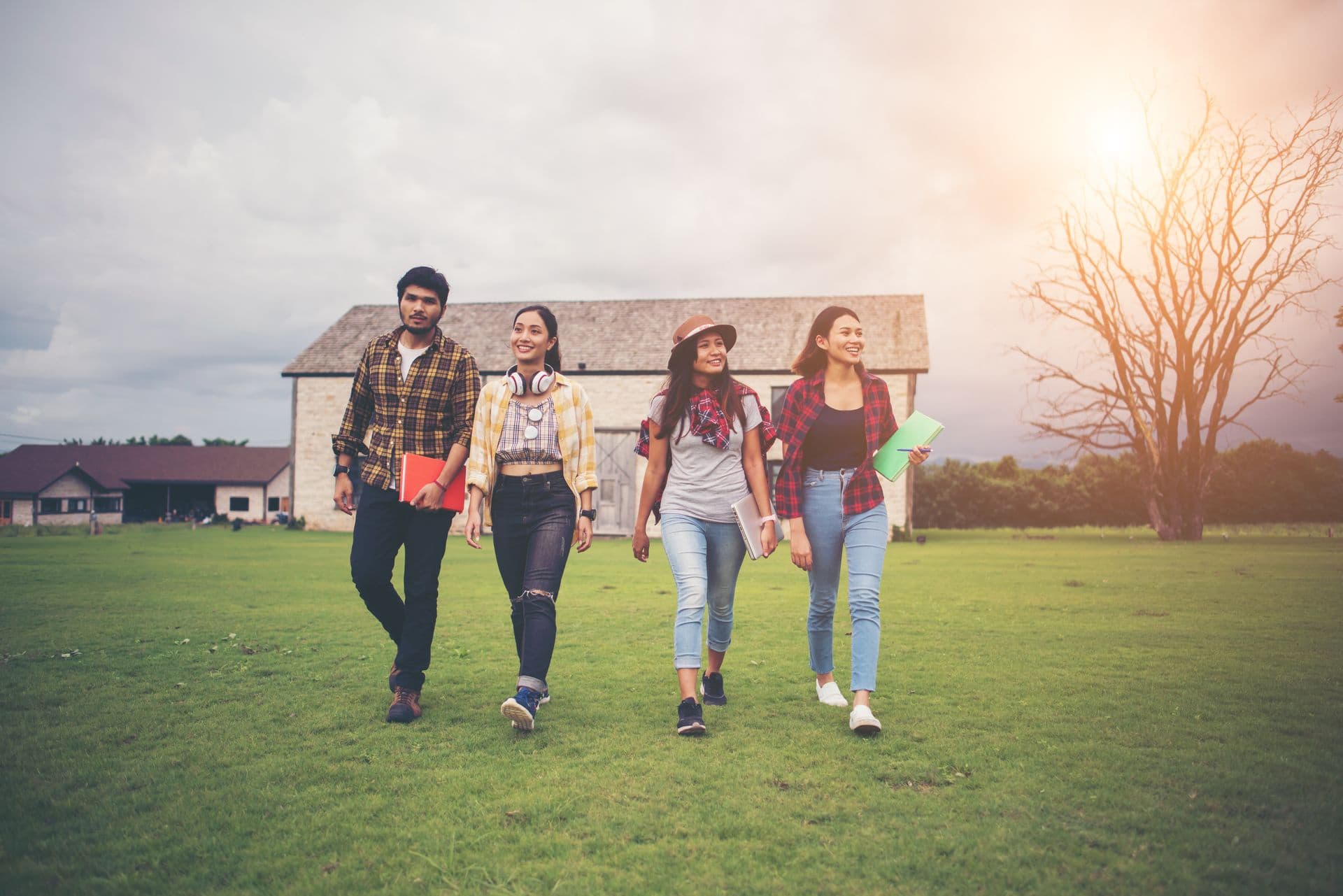 Indian students walking together on a university campus abroad